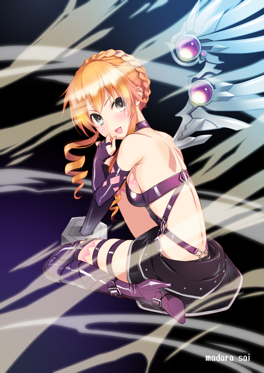 1girl artist_name asymmetrical_wings backless_outfit bare_shoulders boots braid breasts bridal_gauntlets date_a_live detached_sleeves drill_hair high_heel_boots high_heels highres madara_sai open_mouth orange_hair purple_footwear shiny_footwear sideboob sidelocks sitting solo v-shaped_eyebrows wariza wind wings yamai_kaguya