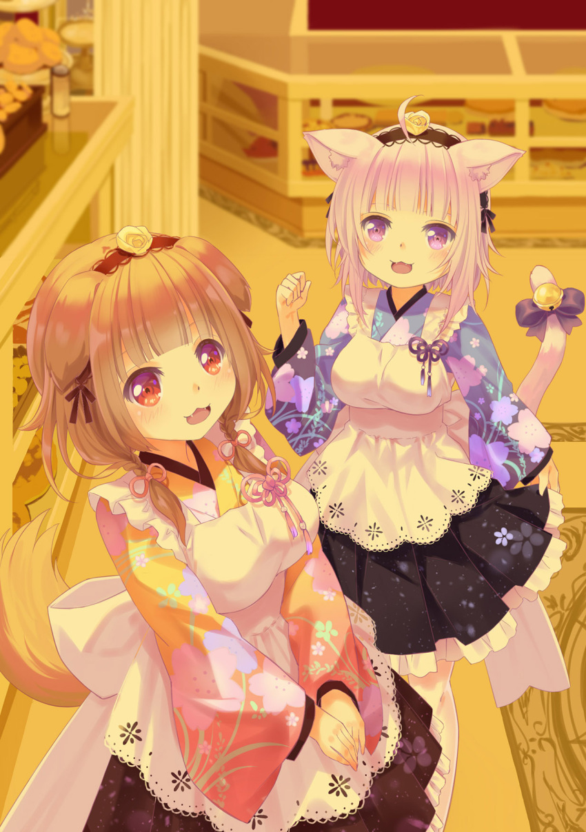 2girls 54hao :d ahoge alternate_costume animal_ears apron bell black_hairband black_skirt blue_kimono bow brown_hair cat_ears cat_girl cat_tail commentary_request dog_ears dog_girl dog_tail enmaided flower frilled_skirt frills hair_over_shoulder hairband hand_up highres hololive indoors inugami_korone japanese_clothes jingle_bell kimono long_hair long_sleeves low_twintails maid multiple_girls nekomata_okayu own_hands_together pleated_skirt purple_bow purple_eyes purple_hair red_eyes rose skirt smile tail tail_bell tail_bow tail_ornament twintails v_arms virtual_youtuber wa_maid white_apron wide_sleeves yellow_flower yellow_kimono yellow_rose