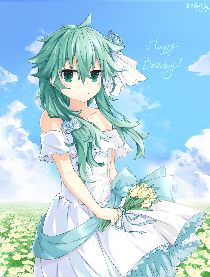 1girl absurdres blue_sky cloud date_a_live dress field flower flower_field green_eyes green_hair hair_flower hair_ornament happy_birthday highres holding looking_at_viewer natsumi_(date_a_live) off-shoulder_dress off_shoulder seventh-natsu sky smile solo tulip white_dress yellow_flower yellow_tulip