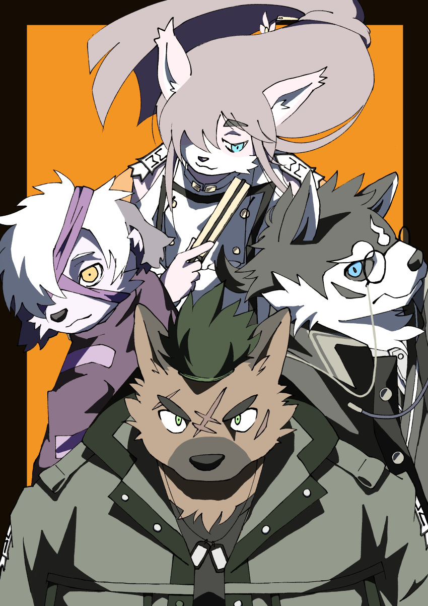 absurd_res anthro bandage black_and_white_fur blue_eyes brown_body brown_fur canid canine canis clothing dog_tags domestic_dog eyewear fan_(disambiguation) fur girly glasses grey_body grey_fur group hair hi_res kakeroid lifewonders male mammal masanori military_uniform pink_body pink_fur tanetomo tokyo_afterschool_summoners uniform white_hair yasuyori yoshito