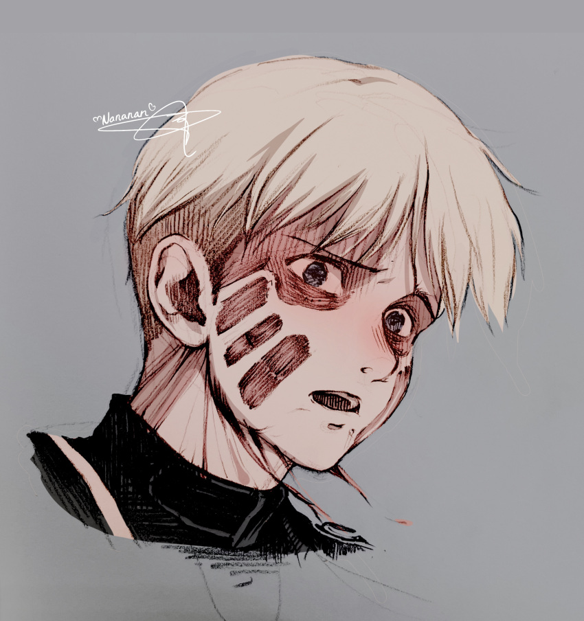 1boy absurdres armin_arlert bags_under_eyes blonde_hair blue_eyes bowl_cut commentary_request empty_eyes from_side grey_background hatching_(texture) heart highres linear_hatching male_focus open_mouth portrait sad sayo_nara_drawing scar scar_on_face shingeki_no_kyojin short_hair signature simple_background solo teeth titan_shifter_scars torn_skin undercut upper_teeth_only