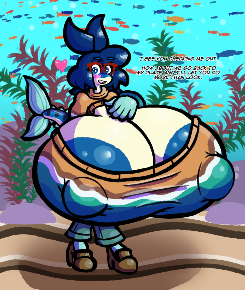 &lt;3 anthro areola areola_slip big_areola big_breasts big_nipples blue_body blue_eyes blue_hair blush breasts cleavage_cutout clothing dialogue eyewear female fin fish fish_tail glasses hair hi_res holly(sprucy) huge_areola huge_breasts huge_nipples hyper hyper_breasts kelp mackerel_(fish) marine mature_female nipple_outline nipples scombrid scombriform seaweed solo sprucy sweater topwear underwater water