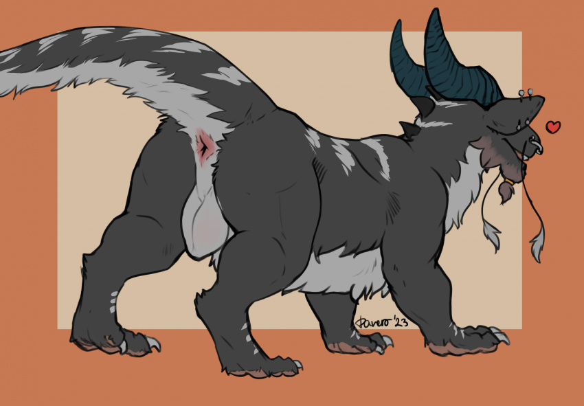 &lt;3 anus balls black_body black_fur blue_horn brown_pawpads claws danero danero_(character) dragon ear_piercing feral fur fur_markings furred_dragon genitals grey_body grey_fur hi_res horn male markings pawpads piercing signature simple_background solo white_claws