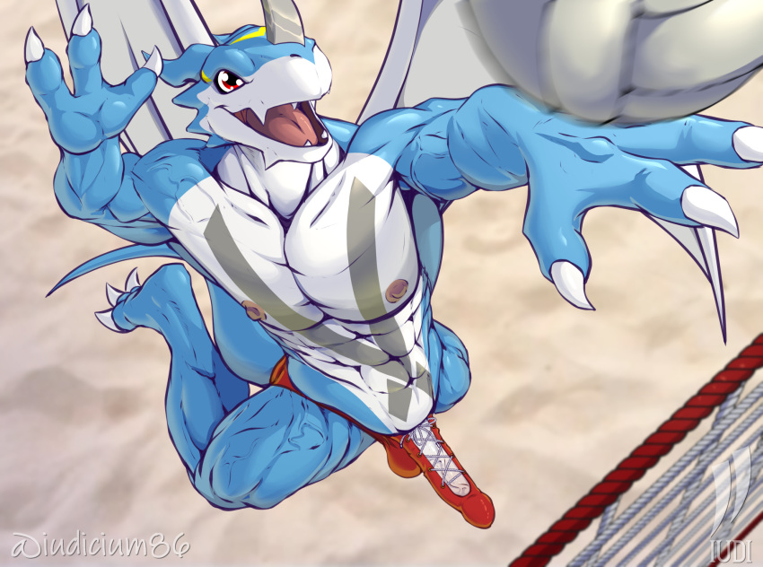 abs ball bandai_namco clothed clothing digimon digimon_(species) erection erection_under_clothing exveemon genitals hi_res iudicium86 jumping male penis solo speedo sport swimwear volleyball volleyball_(ball)