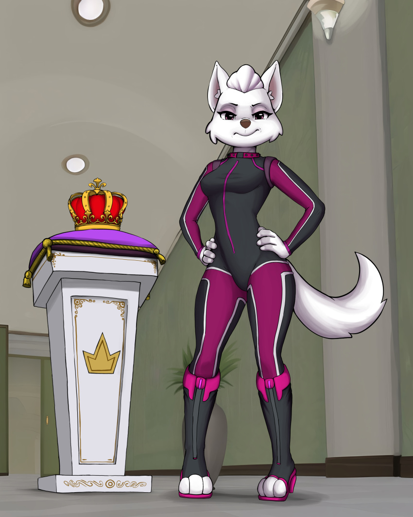 3_fingers 3_toes 4:5 absurd_res aged_up anthro anthrofied breasts canid canine canis cleavage clothed clothing collar crown detailed_background diacordst domestic_dog duo feet female fingers form_fitting fur headgear hi_res hunting_dog looking_at_viewer mammal paw_patrol pink_eyes solo spy_suit sweetie_(paw_patrol) terrier tight_clothing toes underwear unzipped_bodysuit unzipping west_highland_white_terrier white_body white_fur