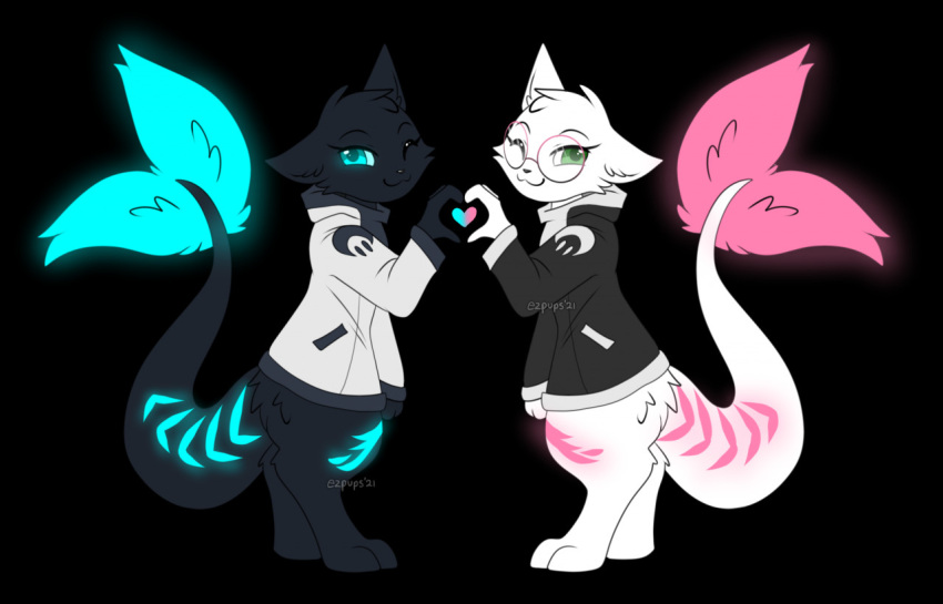 &lt;3 ambiguous_gender anthro bioluminescence black_body black_fur blue_eyes bottomless clothed clothing digitigrade duo eyewear ezpups fur glasses glowing glowing_eyes glowing_markings green_eyes head_tuft hindpaw mammal markings one_eye_closed paws round_glasses smile tail tail_markings tail_tuft topwear topwear_only tuft white_body white_fur wink