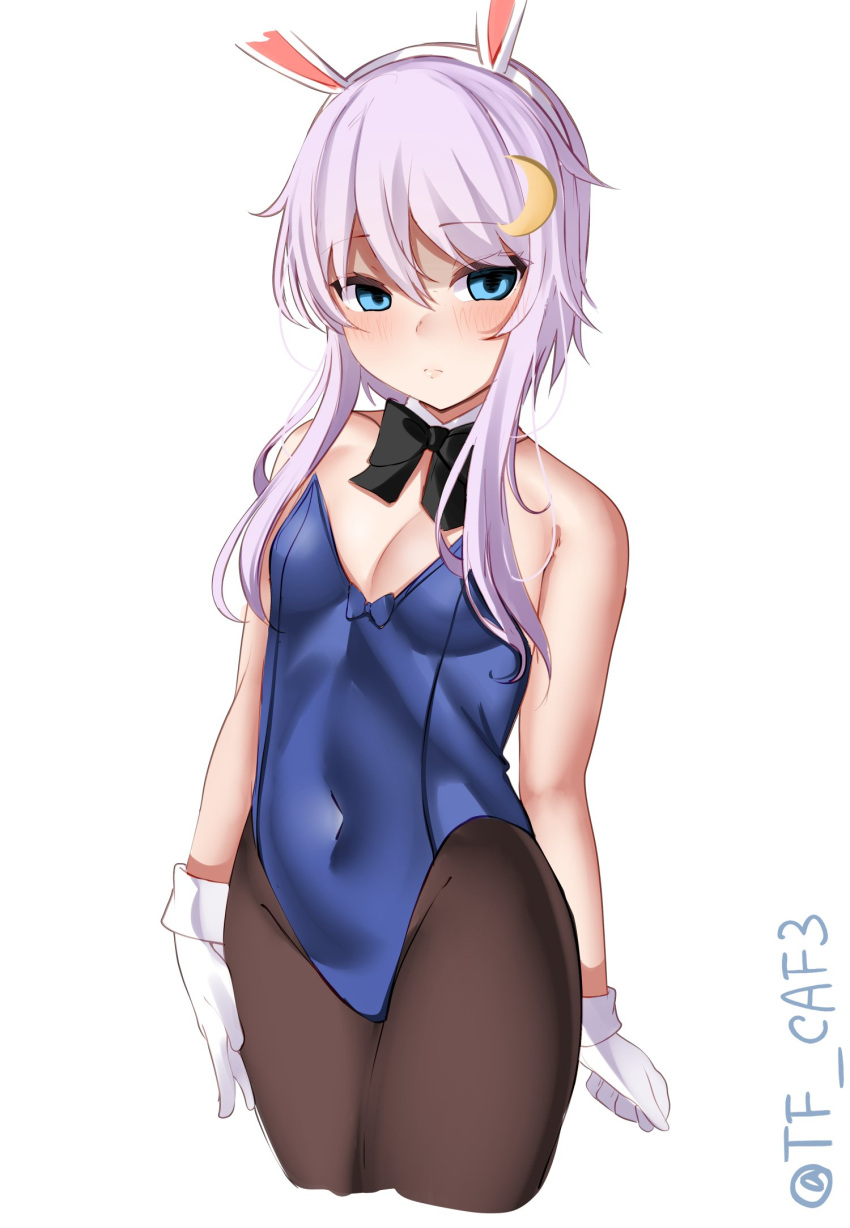 1girl alternate_costume animal_ears bare_shoulders black_bow black_bowtie black_pantyhose blue_eyes blue_leotard blush bow bowtie breasts closed_mouth commentary_request cowboy_shot crescent cropped_legs detached_collar fake_animal_ears gloves hair_ornament highres kantai_collection leotard long_hair looking_at_viewer pantyhose playboy_bunny purple_hair simple_background small_breasts solo strapless tf_cafe twitter_username white_background white_gloves yayoi_(kancolle)