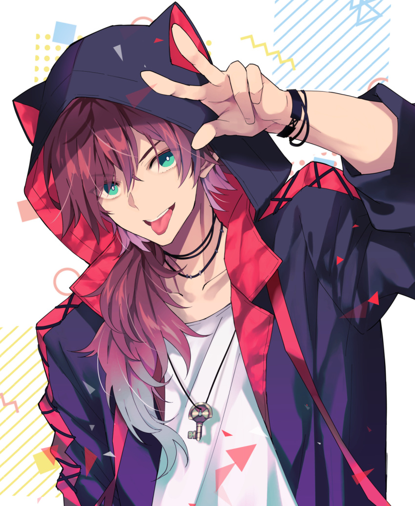 1boy animal_hood aqua_eyes ariko_youichi black_jacket bracelet cat_hood colored_tips gradient_hair highres hood hood_up hooded_jacket jacket jewelry key_necklace lauren_iroas male_focus multicolored_hair necklace nijisanji red_hair shirt solo v virtual_youtuber white_shirt