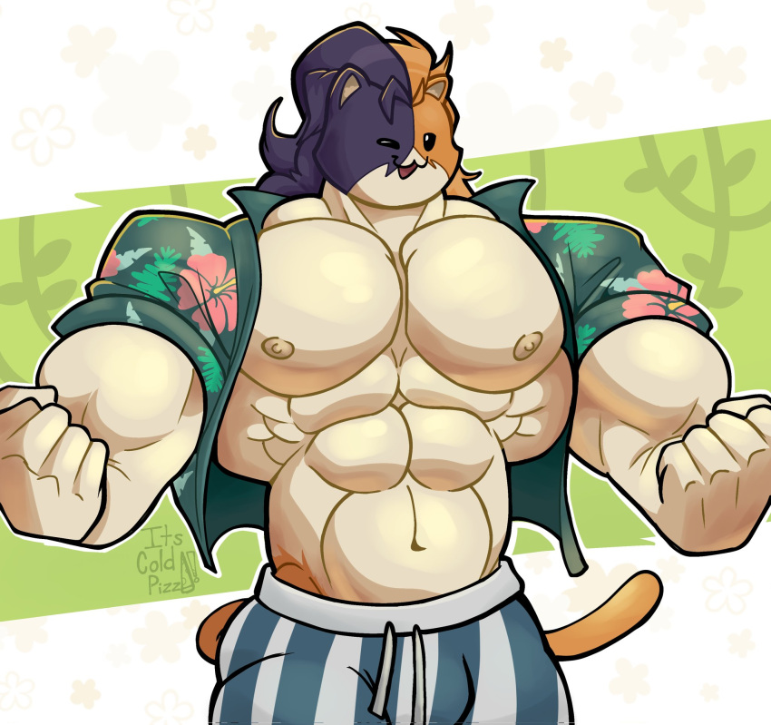 2023 :3 anthro big_pecs bottomwear bulge calico_cat clothing domestic_cat epic_games felid feline felis flexing floral_shirt flower fortnite green_background hair hi_res its_coldpizza long_hair looking_at_viewer male mammal meowscles multicolored_body muscular one_eye_closed pants pattern_bottomwear pattern_clothing pattern_pants pecs plant purradise_meowscles signature silhouette_background simple_background solo striped_bottomwear striped_clothing striped_pants stripes tail white_background wink