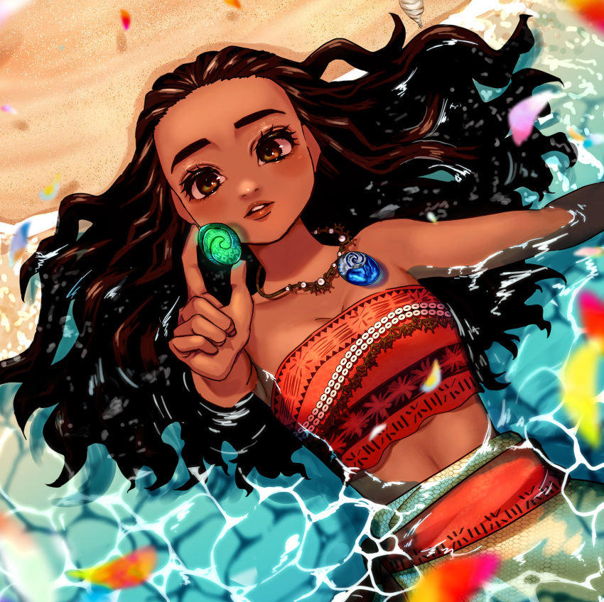 1girl absurdres arm_up beach black_hair brown_eyes disney falling_petals hair_slicked_back highres holding holding_jewelry jewelry long_hair looking_at_object lying mal_to_mal moana_(movie) moana_waialiki necklace ocean on_back orange_tank_top parted_lips partially_submerged petals tank_top