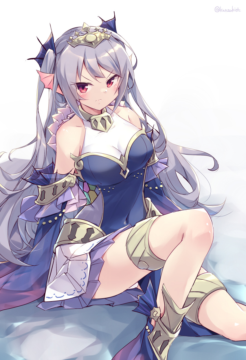 1girl absurdres angry artist_name bare_shoulders blush breasts cleavage collarbone covered_navel duel_monster fins grey_hair head_fins highres kanzakietc long_hair looking_at_viewer red_eyes sitting solo tearlaments_scheiren thighlet tiara tsurime twitter_username v-shaped_eyebrows very_long_hair yu-gi-oh!