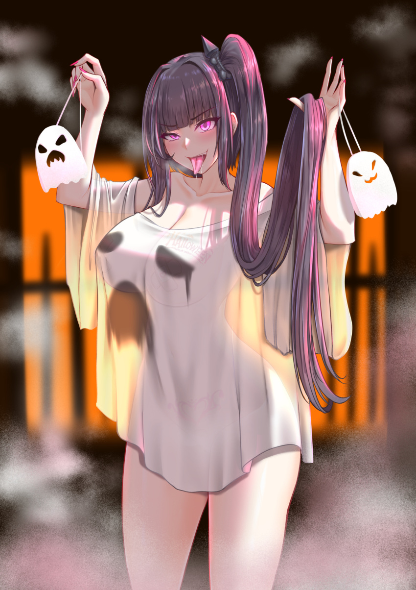 1girl arms_up bare_shoulders blunt_bangs breasts cleavage collarbone covered_nipples cowboy_shot cross_pasties fingernails ghost ghost_print girls'_frontline glowing glowing_eyes halloween_costume highres large_breasts long_fingernails long_hair looking_at_viewer multicolored_hair off-shoulder_shirt off_shoulder open_mouth oversized_clothes pasties popoman purple_eyes purple_hair red_nails see-through see-through_silhouette shirt side_ponytail smile solo steam streaked_hair tongue tongue_out very_long_hair white_shirt