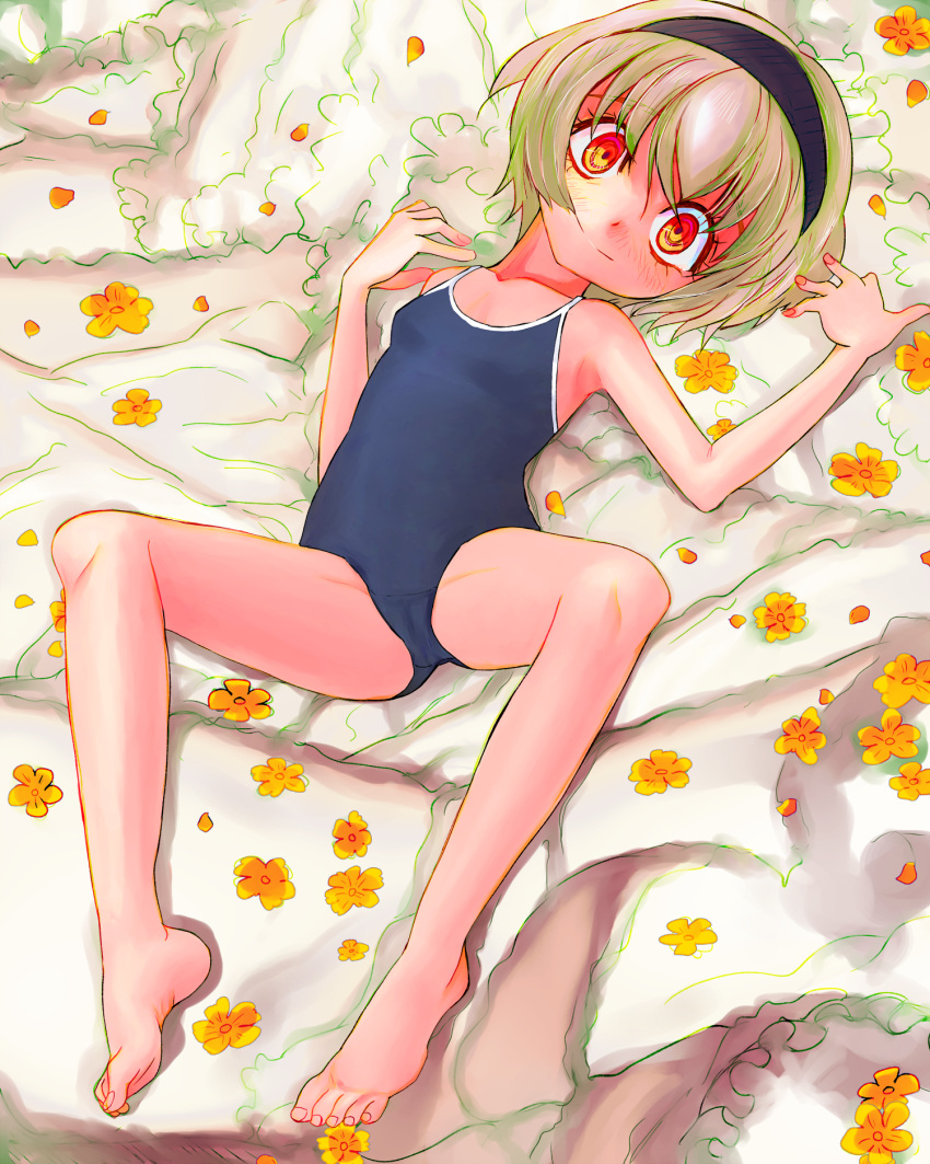 1girl bare_arms bare_legs bare_shoulders barefoot bed_sheet blue_one-piece_swimsuit bob_cut breasts closed_mouth collarbone eyelashes fingernails flower hair_between_eyes hairband highres jashin-chan_dropkick light_brown_hair looking_at_viewer lying multicolored_eyes multicolored_flower new_school_swimsuit on_back one-piece_swimsuit orange_flower pekora_(jashin-chan_dropkick) petals purple_hairband red_eyes ringed_eyes school_swimsuit short_hair small_breasts smile solo split_mouth swimsuit toenails tsukiyono_aroe yellow_eyes yellow_flower
