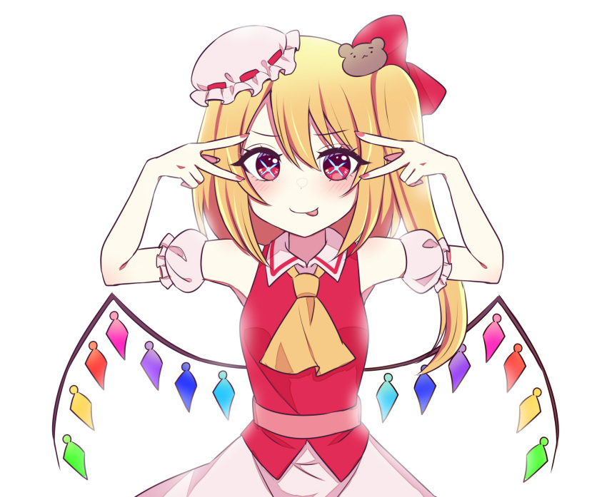 1girl ascot blonde_hair blush closed_mouth crystal double_v fingernails flandre_scarlet hair_between_eyes hat highres hoshino_ai's_pose long_hair looking_at_viewer mob_cap nail_polish one_side_up oshi_no_ko parody pose_imitation red_eyes red_nails red_vest simple_background smile solo subaru_(subachoco) tongue tongue_out touhou v vest white_background white_headwear wings yellow_ascot