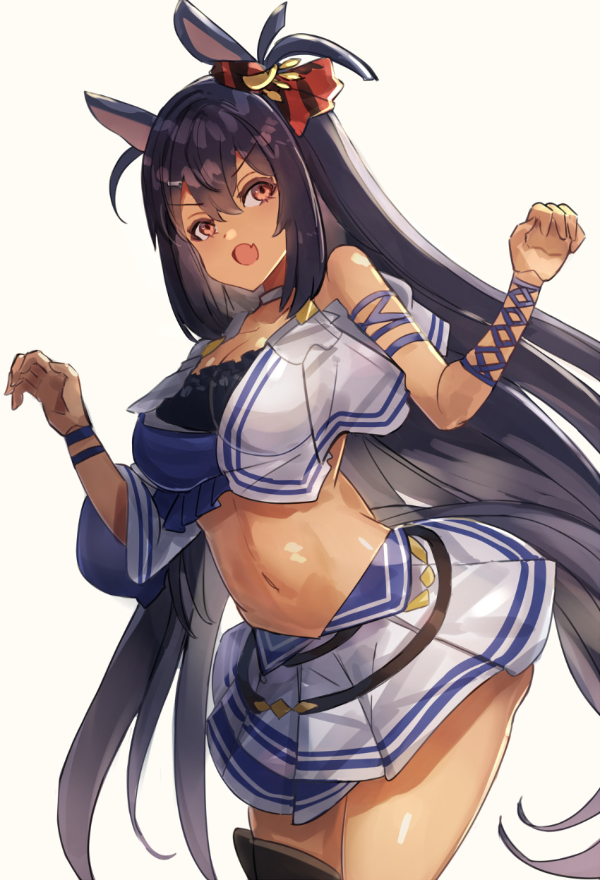 1girl animal_ears bare_shoulders black_hair blue_shirt breasts choker cleavage commentary_request cowboy_shot dark-skinned_female dark_skin ear_scrunchie fang highres hishi_amazon_(umamusume) horse_ears horse_girl horse_tail long_hair open_mouth red_eyes shirt simple_background skirt solo tail the_olphy thigh_strap two-tone_shirt umamusume very_long_hair white_background white_choker white_shirt white_skirt