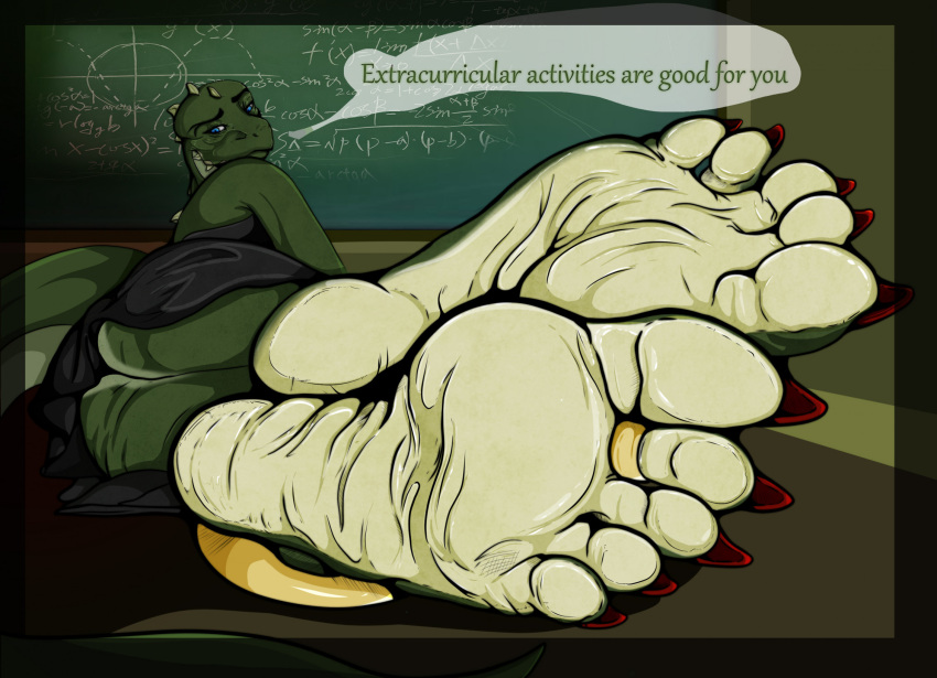 2023 5_toes anklet anthro barefoot black_clothing black_dress black_eyebrows butt chalkboard claws clothing countershade_face countershade_feet countershading dialogue digit_ring dress english_text eyebrows feet female foot_focus green_body green_eyes green_scales green_tail grey_spikes grey_wall hi_res humanoid_feet jewelry looking_at_viewer looking_back looking_back_at_viewer lying math mother_(lore) on_side parent_(lore) plantigrade red_claws ring robinthefox scales scalie shadow smile smiling_at_viewer snout soles solo speech_bubble spikes tail teacher text toe_ring toes wall_(structure)
