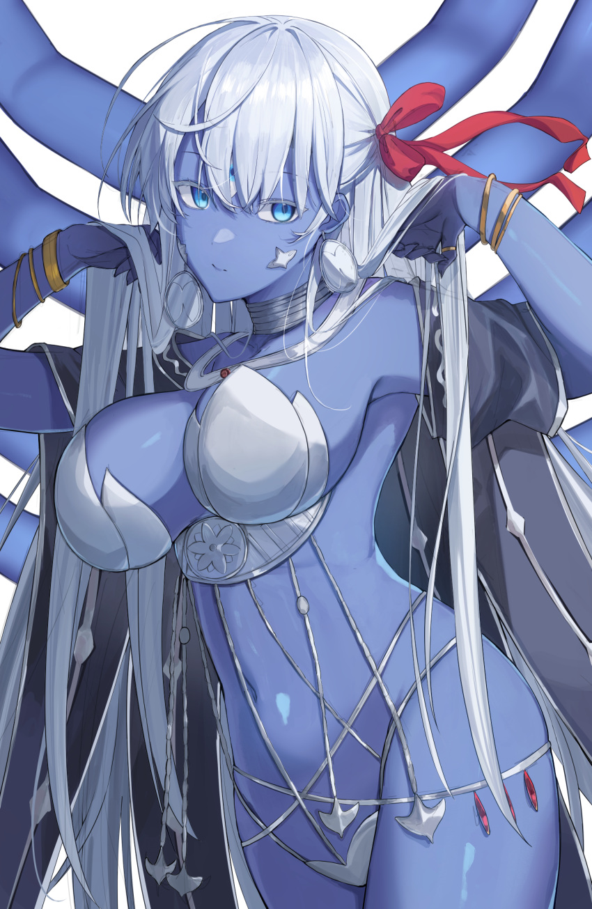 1girl armor armpits arms_up bare_shoulders belly_chain bikini_armor blue_eyes blue_skin bracelet breasts cleavage collarbone colored_skin earrings extra_arms fate/grand_order fate_(series) hair_ribbon highres jewelry kali_(fate) large_breasts long_hair looking_at_viewer navel neck_ring necklace ref_(pmxt4483) revealing_clothes ribbon sash solo thighs third_eye thumb_ring very_long_hair white_hair