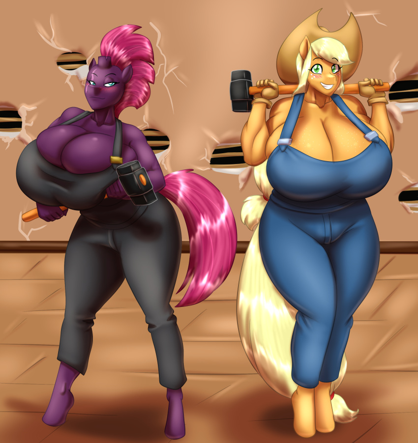 absurd_res anthro anthrofied applejack_(mlp) big_breasts blues64 breasts cleavage clothed clothing cowboy_hat duo equid equine female friendship_is_magic hasbro hat headgear headwear hi_res huge_breasts hyper hyper_breasts mammal marauder6272 my_little_pony my_little_pony:_the_movie_(2017) tempest_shadow_(mlp)