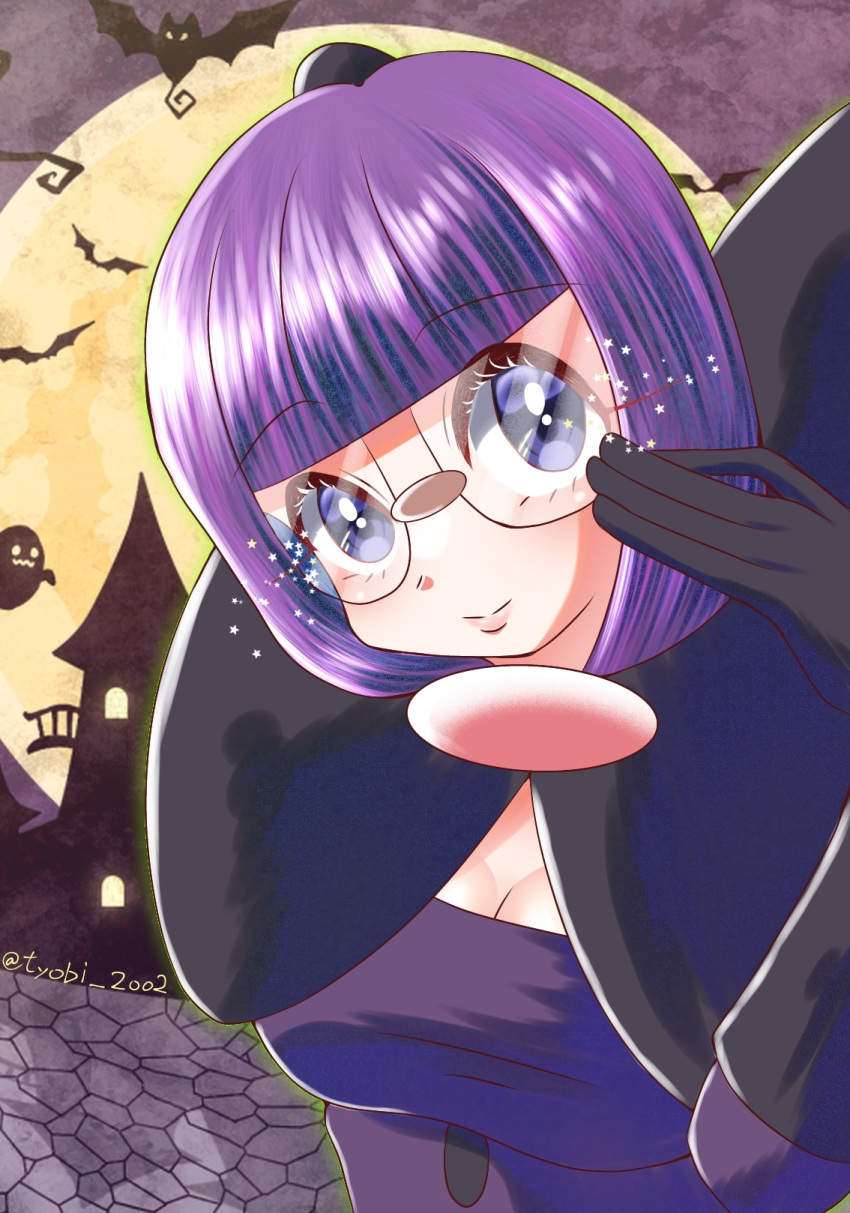 1girl adjusting_eyewear black_bow blunt_bangs bob_cut bow breasts buttons cleavage elbow_gloves full_moon glasses gloves highres large_bow large_breasts long_sleeves moon pokemon pokemon_(game) pokemon_bw purple_eyes purple_hair purple_skirt round_eyewear shauntal_(pokemon) short_hair skirt solo tyobi_2002