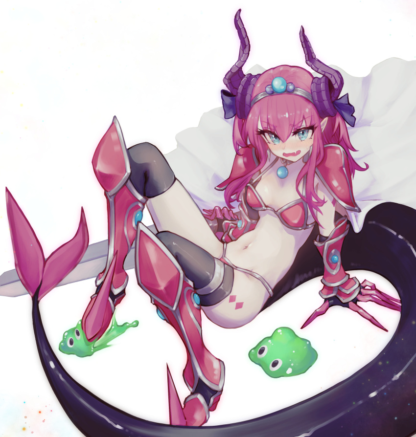 1girl absurdres armor asymmetrical_horns bikini_armor blue_eyes blush breasts cape commentary_request curled_horns dragon_tail elizabeth_bathory_(brave)_(fate) elizabeth_bathory_(fate) elizabeth_bathory_(fate/extra_ccc) fate/grand_order fate_(series) full_body highres horns kanbara_erika long_hair looking_at_viewer loose_bikini navel open_mouth pauldrons pink_hair pointy_ears red_armor shoulder_armor sitting slime_(creature) small_breasts solo spiked_footwear sword tail vambraces wavy_mouth weapon white_cape