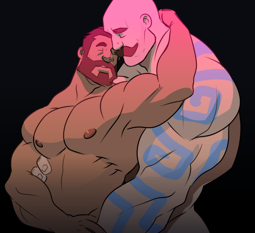 2boys abs absurdres alternate_skin_color arm_tattoo bald bara beard biceps blue_tattoo braum_(league_of_legends) cheschirebacon completely_nude couple dark-skinned_male dark_skin facial_hair graves_(league_of_legends) hair_slicked_back hand_on_another's_crotch hand_on_another's_neck hand_on_another's_waist highres interracial large_pectorals league_of_legends male_focus mature_male multiple_boys muscular muscular_male mustache nipples non-web_source nude out-of-frame_censoring pectorals short_hair size_difference stomach tattoo thick_eyebrows twitter_banner yaoi