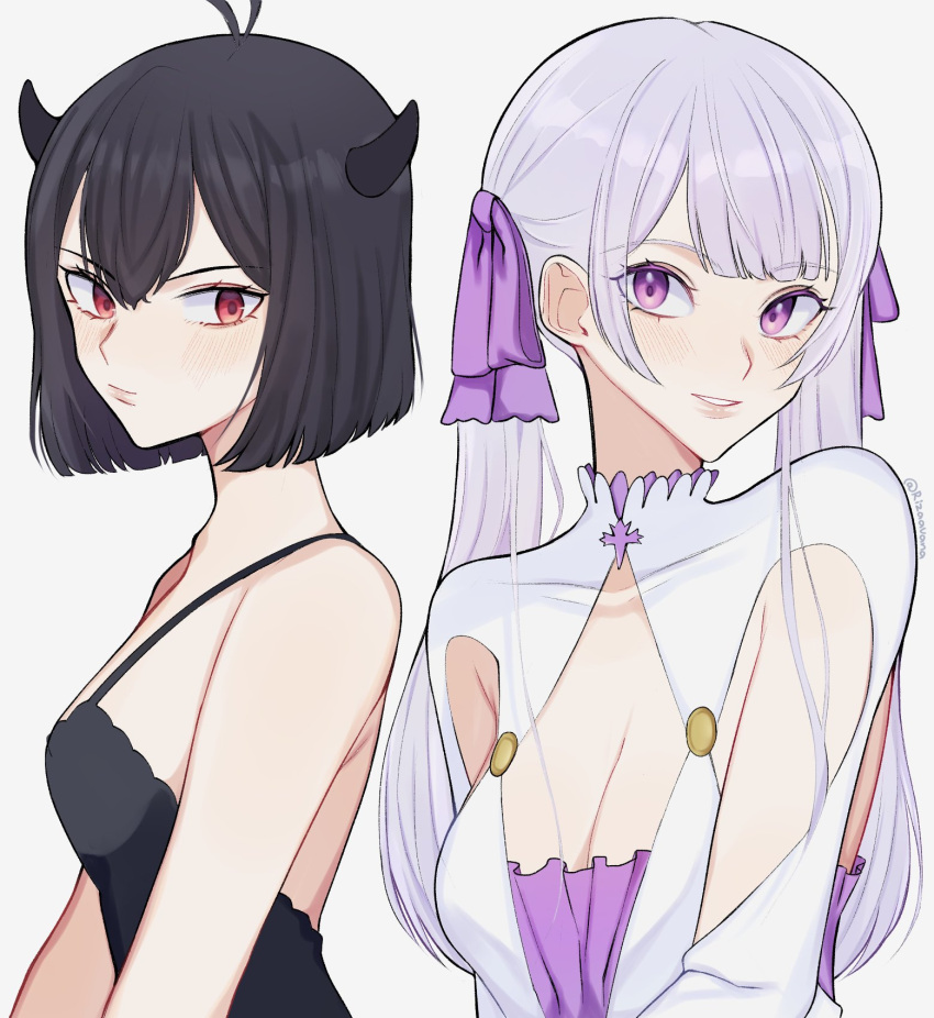 2girls bare_shoulders black_clover black_dress black_hair blush bob_cut breasts cleavage closed_mouth dress grey_hair hair_ribbon highres jacket long_hair low_twintails multiple_girls noelle_silva purple_dress purple_eyes purple_ribbon red_eyes ribbon rizaavana secre_swallowtail short_hair smile twintails twitter_username white_background white_jacket