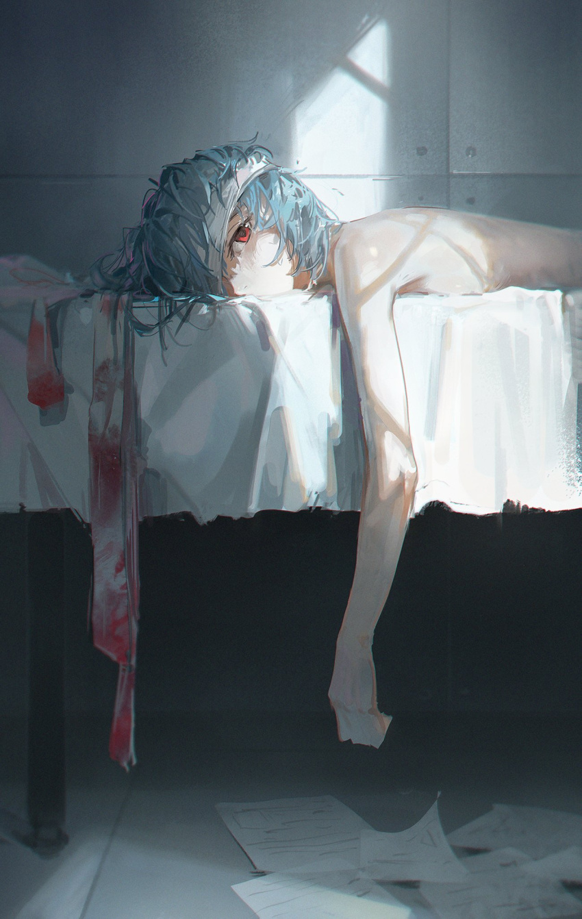 1girl ayanami_rei bandaged_head bandages bed bed_sheet blood blood_on_bandages blue_hair dino_(dinoartforame) expressionless highres looking_at_viewer loose_bandages lying neon_genesis_evangelion on_back paper red_eyes reflection short_hair sketch solo