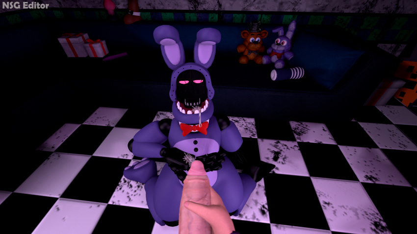 2023 3d_(artwork) animatronic anthro bodily_fluids bow_tie checkered_floor cum cum_in_mouth cum_inside digital_media_(artwork) dildo duo erection first_person_view five_nights_at_freddy's five_nights_at_freddy's_2 furniture genital_fluids genitals gift hi_res kneeling lagomorph leporid looking_at_viewer looking_pleasured machine male male/male mammal nsg_editor nude penetrable_sex_toy penis plushie rabbit robot scottgames sex_toy sofa source_filmmaker withered_bonnie_(fnaf)