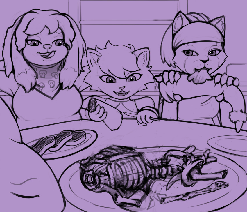 anthro beef bone bovid canid canine canis caprine cooking_vore cooking_with_furs death dinner dinner_table domestic_dog emikochan felid female food gore hard_vore hi_res hybrid kitchen knife lizzard male mammal meat meat_on_bone oskar_(2ndvoice) plates sheep skeleton snuff steak vore