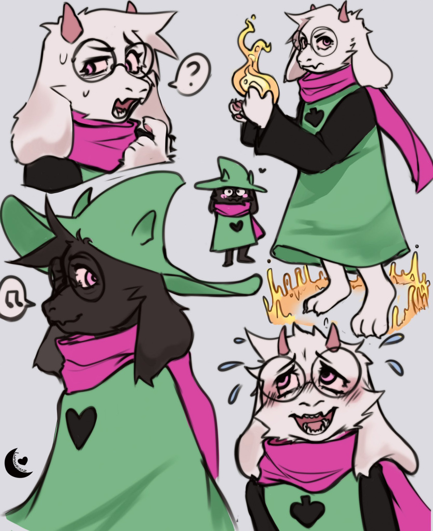 &lt;3 2022 anthro blush bovid caprine clothing deltarune eyewear fire glasses goat hat headgear headwear hi_res lunarkyoz male mammal multiple_poses pose ralsei robe round_glasses scarf simple_background solo standing undertale_(series) white_background witch_hat