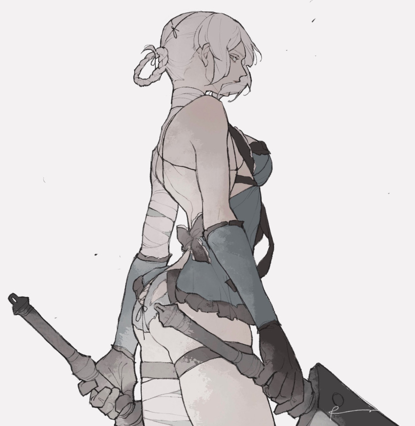 1girl ass bandaged_arm bandaged_leg bandaged_neck bandages black_gloves blue_gloves blue_negligee breasts cowboy_shot dadadadadaist dual_wielding elbow_gloves gloves hair_rings highres holding holding_weapon kaine_(nier) lace-up looking_at_viewer medium_breasts negligee nier_(series) signature single_bare_shoulder solo weapon white_background