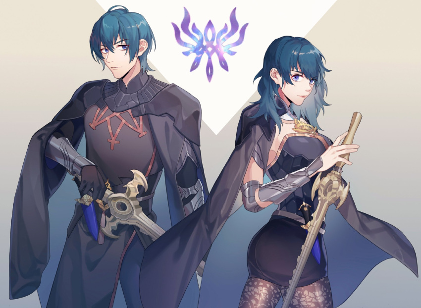 1boy 1girl armor ass black_cape black_gloves black_pants black_shirt black_skirt blue_eyes blue_hair breasts byleth_(female)_(fire_emblem) byleth_(fire_emblem) byleth_(male)_(fire_emblem) cape closed_mouth cowboy_shot dual_persona fire_emblem fire_emblem:_three_houses gloves grey_background grey_jacket hair_between_eyes highres holding holding_sword holding_weapon jacket knife kyounatsuuu lace lace_legwear looking_at_viewer medium_breasts medium_hair miniskirt pants shirt short_hair shoulder_armor skirt strapless strapless_shirt sword vambraces weapon