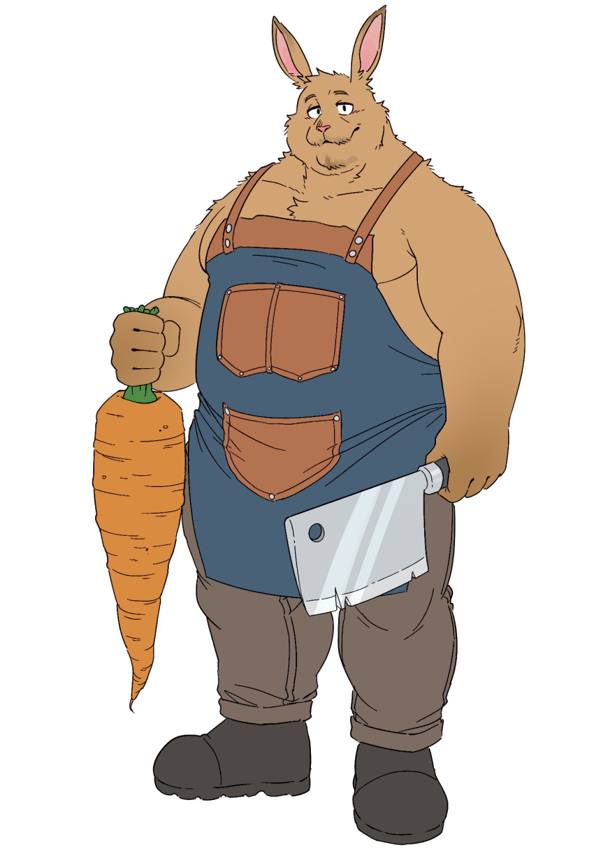 anthro apron boots bottomwear carrot cleaver_(knife) clothing cutlery food footwear fur hi_res holding_food holding_object holding_weapon kitchen_knife kitchen_utensils knife lagomorph leporid male mammal musclegut overweight overweight_male pants papyuuno plant rabbit solo tan_body tan_fur tools vegetable weapon