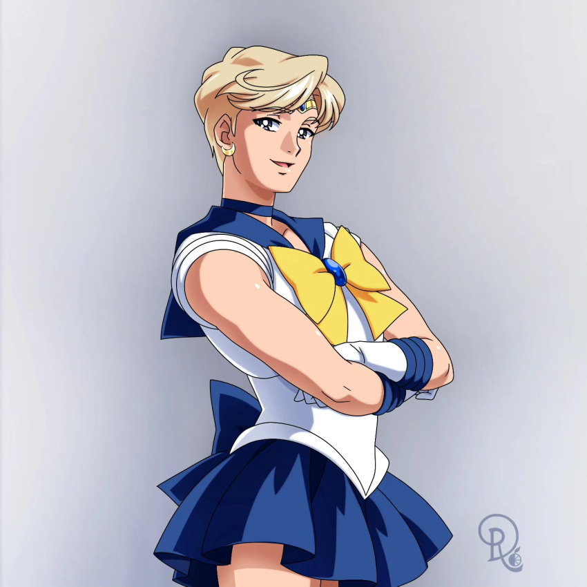 1girl bishoujo_senshi_sailor_moon blonde_hair blue_choker blue_eyes blue_sailor_collar blue_skirt choker circlet commentary cowboy_shot crescent crescent_earrings crossed_arms drachea_rannak earrings english_commentary highres jewelry miniskirt photo-referenced pleated_skirt sailor_collar sailor_uranus simple_background skirt solo ten'ou_haruka toned watermark