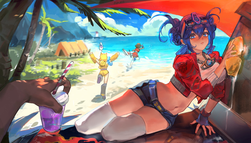3girls absurdres autobot beach belt black_footwear black_leg_warmers blue_belt blue_eyes blue_hair blue_shorts blush breasts bumblebee_(kotobukiya_bishoujo)_(transformers) bumblebee_(transformers) cloud cropped_jacket cropped_shirt cup detached_sleeves double_bun english_commentary eyewear_on_head glasses hair_between_eyes hair_bun highres holding holding_cup holding_towel hood hood_up hoodie horned_hood horns jacket jewelry kotobukiya_bishoujo lighthouse looking_at_viewer matrix_of_leadership medium_breasts midriff mixed-language_commentary multiple_girls namikaze_(dobbyka) navel necklace ocean optimus_prime optimus_prime_(kotobukiya_bishoujo) pov red_jacket red_skirt running shirt short_shorts shorts skindentation skirt sky sleeveless sleeveless_hoodie speech_bubble starscream starscream_(kotobukiya_bishoujo) thighhighs towel transformers water white_shirt white_thighhighs wiping yellow_hoodie