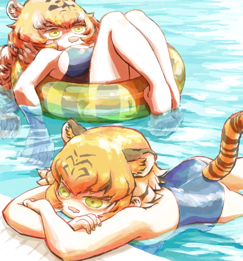 absurdres animal_ears animal_print bara_bara_(pop_pop) blonde_hair extra_ears highres innertube kemono_friends long_hair open_mouth pool short_hair siberian_tiger_(kemono_friends) summer swimsuit tail tiger_(kemono_friends) tiger_ears tiger_girl tiger_print tiger_stripes tiger_tail yellow_eyes