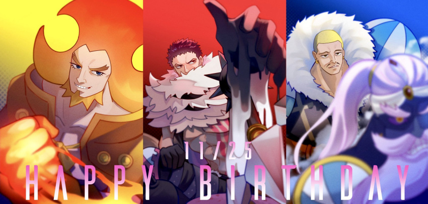 3boys abs bare_pectorals beard black_gloves blonde_hair blue_background blue_eyes bracelet brothers buzz_cut cape charlotte_daifuku charlotte_katakuri charlotte_oven chest_tattoo covered_mouth earrings english_text facial_hair forked_eyebrows fur_collar genie gloves glowing_fist happy_birthday highres hot impossible_hair jewelry looking_to_the_side male_focus mature_male menue_mn multiple_boys muscular muscular_male one_piece open_clothes open_vest orange_hair pants pectorals pencil_mustache pink_eyes pink_hair scar scar_on_face scarf short_hair shoulder_pads siblings smile spiked_bracelet spikes stitches tattoo thick_eyebrows triplets turban upper_body very_short_hair vest yellow_background