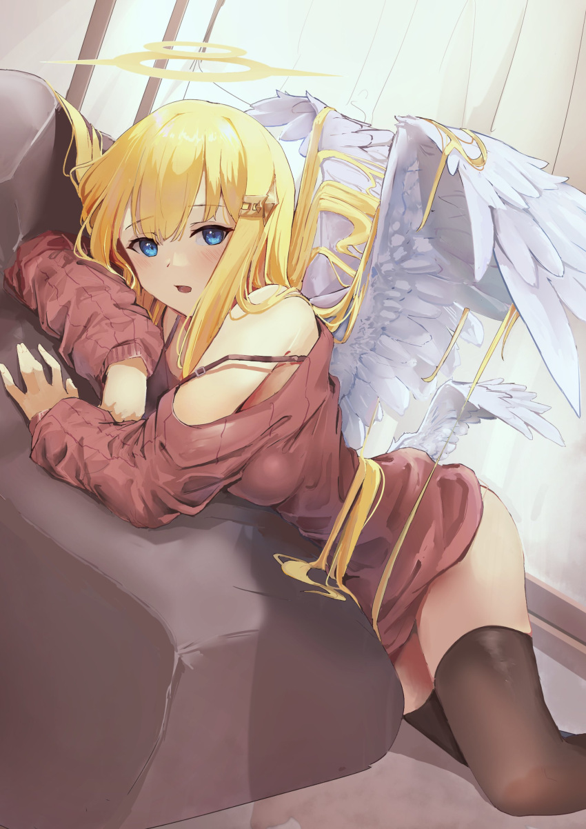 1girl absurdres angel angel_wings arm_support backlighting black_thighhighs blonde_hair blue_eyes bra_strap breasts curtains feathered_wings halo highres indoors large_breasts long_hair looking_at_viewer lounging off_shoulder open_mouth original sapota_clone solo sweater thighhighs very_long_hair white_wings wings