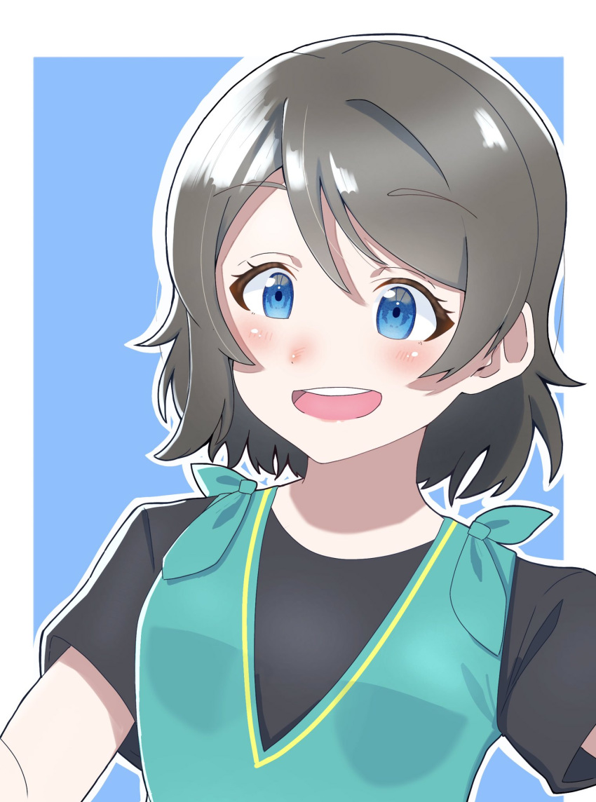 blue_eyes blush bow brown_hair genjitsu_no_yohane green_shirt highres love_live! love_live!_sunshine!! open_mouth shanma_aq shirt short_hair simple_background smile solo watanabe_you wavy_hair