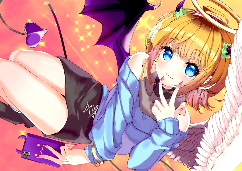 1girl ahoge angel_wings asymmetrical_wings black_skirt blonde_hair blue_eyes blue_sweater blunt_bangs blush bracelet cellphone demon_tail demon_wings dyna_(d4) earrings feathered_wings halo highres hoop_earrings horns jewelry looking_at_viewer memcho off-shoulder_sweater off_shoulder oshi_no_ko phone pink_nails purple_horns short_hair skirt smartphone smile solo sweater tail v_over_mouth wings