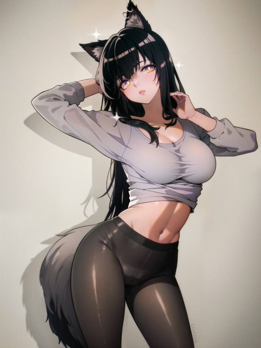 1girl :o absurdres ai-assisted alternate_costume animal_ear_fluff animal_ear_piercing animal_ears arched_back arknights arm_behind_head arm_up artist_name black_eyeliner black_hair black_pantyhose blush breasts bright_pupils cameltoe cleavage commentary_request contrapposto cowboy_shot cursive double-parted_bangs drop_shadow english_commentary expressionless eyelashes eyeliner facing_viewer film_grain from_side gradient_eyes grey_background grey_shirt grey_tail groin_tendon hair_between_eyes hair_flowing_over hand_in_own_hair hand_up hatching_(texture) highres hoop_piercing lattekoi5252 linear_hatching lips lipstick long_hair long_sleeves looking_afar looking_to_the_side makeup medium_breasts midriff multicolored_eyes navel open_hand palms pantyhose parted_lips pink_lips puffy_long_sleeves puffy_sleeves purple_eyes shade shadow shiny_clothes shiny_legwear shiny_skin shirt shirt_rolled_up sideways_glance signature single_sidelock sleeve_cuffs solo sparkle spotlight standing stomach straight_hair tail teeth texas_(arknights) thighs toned two-tone_eyes very_long_hair wall wallpaper_(object) white_pupils wolf_ears wolf_girl wolf_tail yellow_eyes
