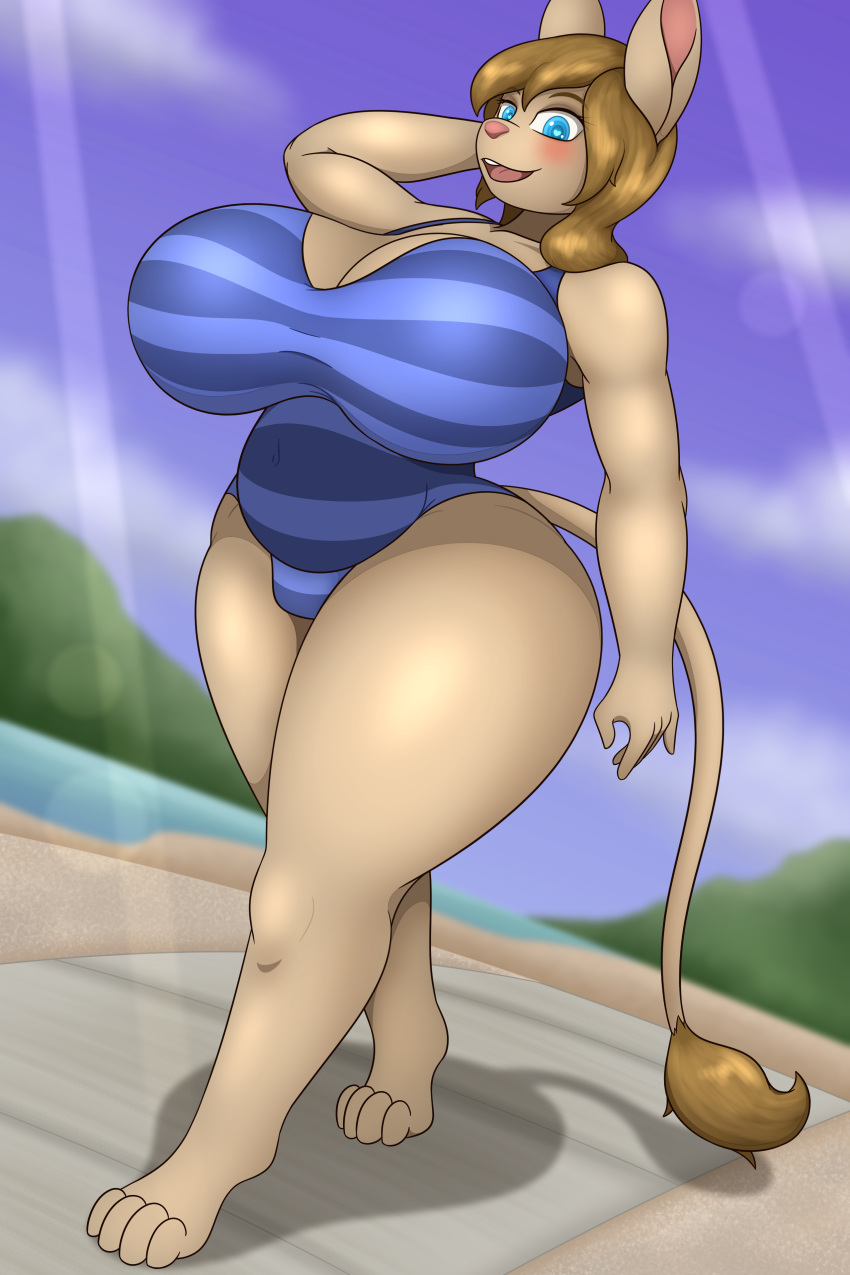 &lt;3 &lt;3_eyes 2:3 4_toes 5_fingers absurd_res anthro beach belly big_breasts blue_clothing blue_eyes blush breasts brown_body brown_hair cel_shading cleavage cleavage_cutout clothed clothing cloud curvy_figure day dipodid dutch_angle feet female fingers full-length_portrait glistening glistening_body glistening_hair hair hand_behind_head hi_res huge_breasts huge_hips huge_thighs jerboa johnmarten light long_tail looking_at_viewer mammal mature_female mountain one-piece_swimsuit open_mouth outside pattern_clothing pink_nose portrait raised_arm rodent sand seaside shaded shadow sky slightly_chubby solo striped_clothing stripes sunlight swimwear tagme tail tail_tuft tan_body thick_thighs toes tuft voluptuous