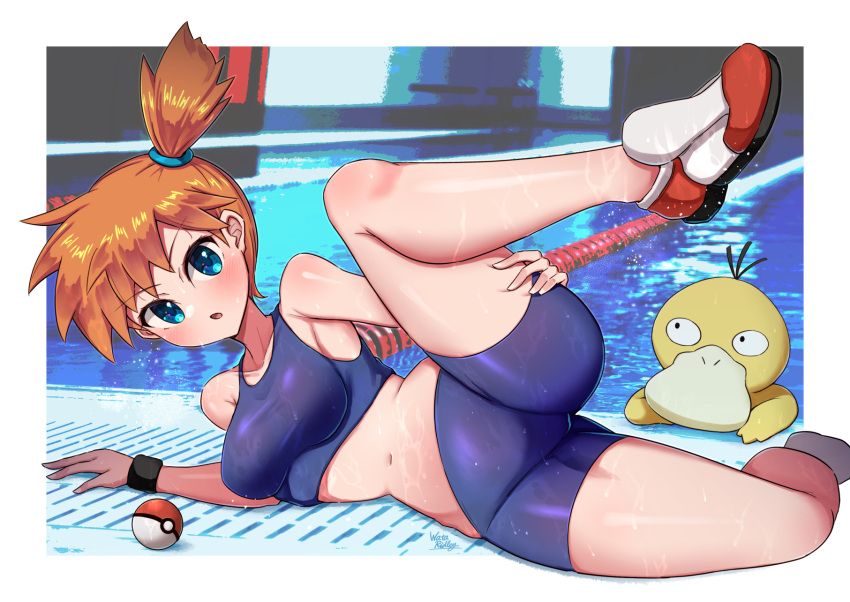 1girl beak bikini bikini_shorts blue_bikini breasts highres leg_up looking_at_viewer lying misty_(pokemon) navel on_side orange_hair poke_ball poke_ball_(basic) pokemon pokemon_(creature) pokemon_(game) pokemon_frlg pool poolside psyduck shoes shorts side_ponytail sneakers sports_bikini stomach stretching swimsuit wakaba_(wata_ridley) wet wristband