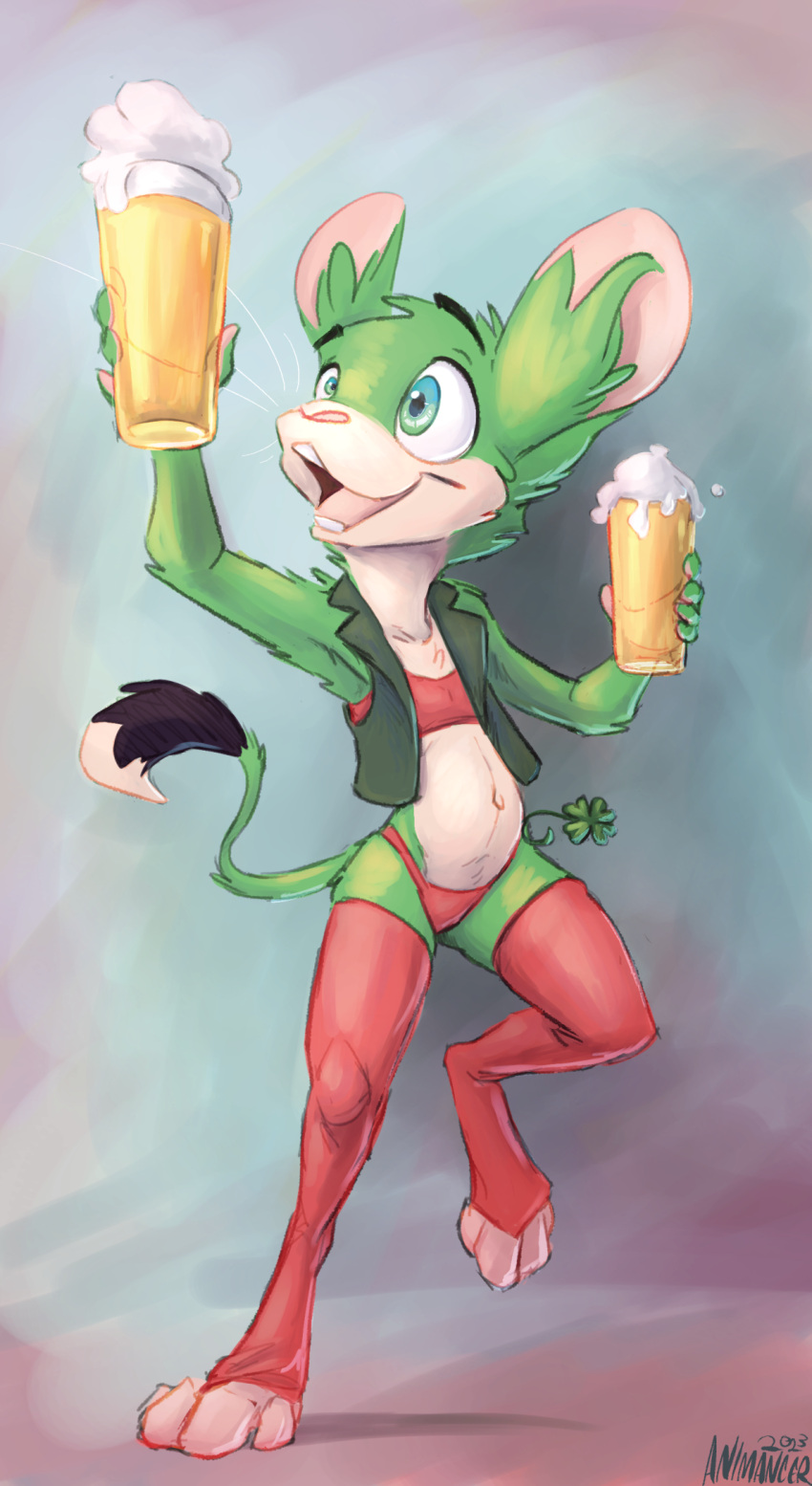 alcohol animancer beer beverage clothing dipodid fur green green_body green_fur hi_res holidays jerboa legwear luck_(animancer) mammal rodent shamrock st._patrick's_day stockings thigh_highs topwear vest