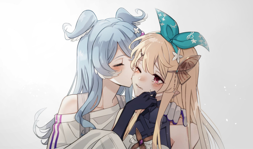 2girls bare_shoulders black_gloves blonde_hair blue_hair blush butterfly_hair_ornament crying elira_pendora elira_pendora_(1st_costume) fairy gloves green_ribbon hair_ornament head_wings highres kiss kissing_cheek kuma_(bloodycolor) multiple_girls nijisanji nijisanji_en pointy_ears pomu_rainpuff pomu_rainpuff_(1st_costume) ribbon tears virtual_youtuber wings yuri