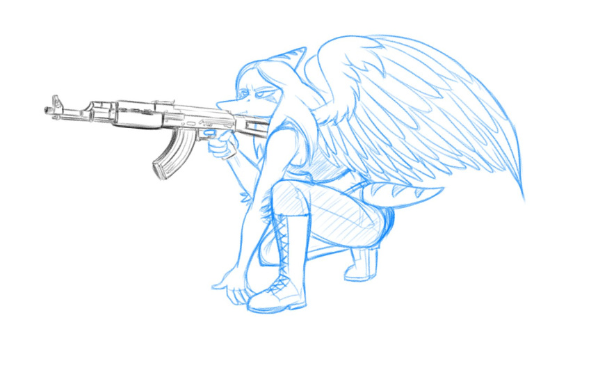 5_fingers ak-74 anthro arm_feathers automatic_weapon black_and_white blue_and_white bone_frill boots bottomwear breasts clothing crouching elbow_feathers fang_(gvh) feathered_wings feathers female fingers footwear frill_(anatomy) goodbye_volcano_high gun hair holding_gun holding_object holding_rifle holding_weapon kalashnikov magazine_(gun) monochrome narrowed_eyes pants plantigrade protonmono pterodactylus pterosaur ranged_weapon reptile scalie short_tail simple_background sleeveless snoot_game snout solo tail weapon wings