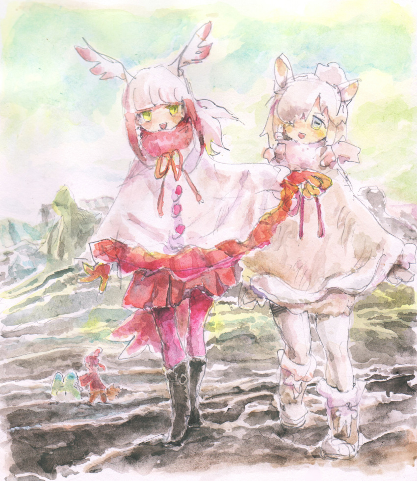 3girls adapted_costume alpaca_ears alpaca_suri_(kemono_friends) animal_ears arm_at_side behind_another bird_girl bird_tail bird_wings blue_eyes boots full_body fur_collar gloves hair_bun hair_over_one_eye head_wings highres horizontal_pupils japanese_crested_ibis_(kemono_friends) kemono_friends long_bangs long_hair looking_at_another lucky_beast_(kemono_friends) miniskirt multicolored_hair multiple_girls neck_ribbon open_mouth pantyhose pero_(sabuaka_bacon) pink_hair pleated_skirt poncho red_hair ribbon scarlet_ibis_(kemono_friends) single_hair_bun sketch skirt smile tail two-tone_hair walking wings yellow_eyes