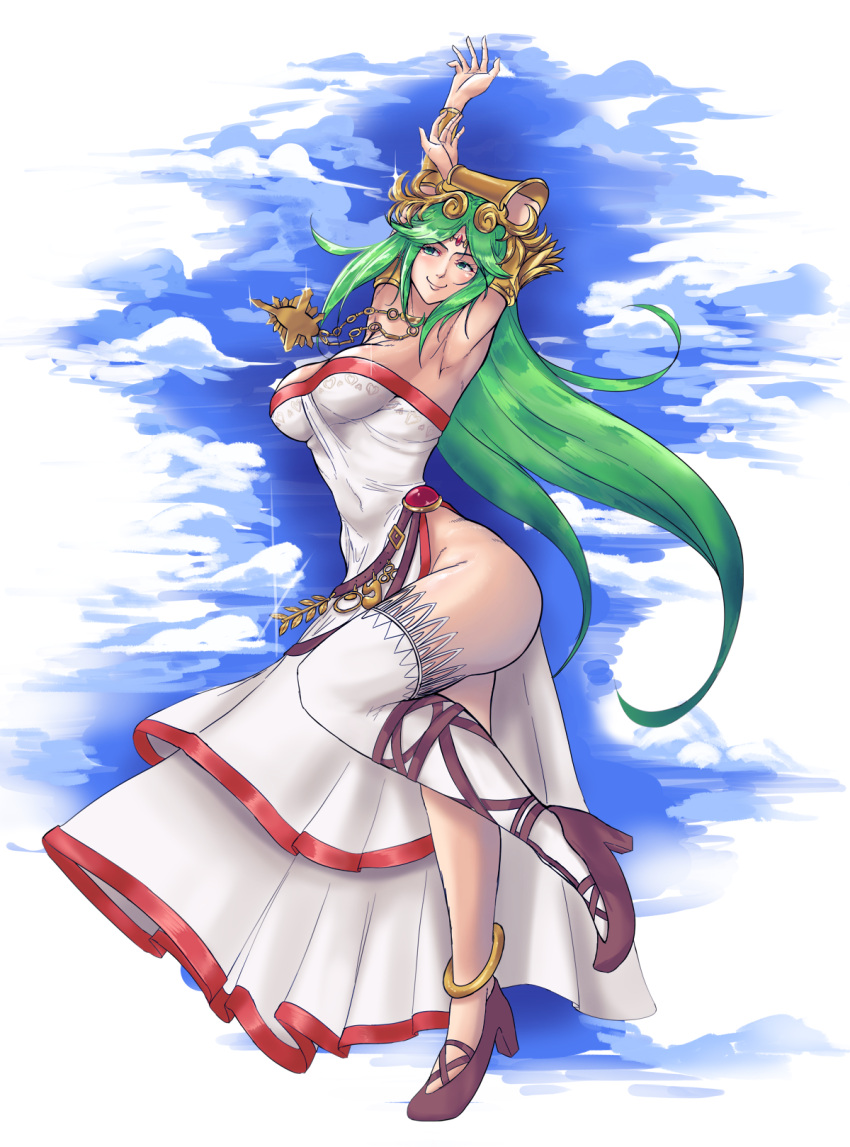 1girl armlet breasts calmgreentori chain chiton circlet cleavage collarbone dress forehead_jewel gold gold_chain green_eyes green_hair high_heels highres jewelry kid_icarus kid_icarus_uprising large_breasts long_hair palutena parted_bangs pendant single_thighhigh strapless strapless_dress thighhighs vambraces very_long_hair white_dress white_thighhighs