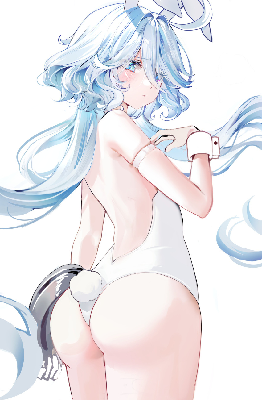 1girl absurdres animal_ears ass backless_leotard blue_eyes blue_hair blush commentary cowboy_shot dasha fake_animal_ears fake_tail from_behind furina_(genshin_impact) genshin_impact gloves hair_between_eyes heterochromia highres leotard light_blue_hair long_hair looking_at_viewer looking_back multicolored_hair parted_lips playboy_bunny rabbit_ears rabbit_tail romaji_commentary sidelocks simple_background single_glove solo streaked_hair tail white_gloves white_leotard