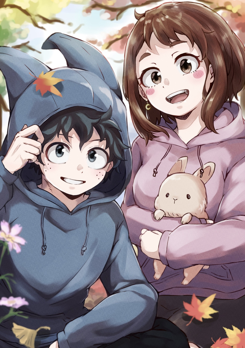 1boy 1girl absurdres animal autumn_leaves black_pants blue_hoodie blush boku_no_hero_academia brown_eyes brown_hair dark_green_hair freckles green_eyes highres holding holding_animal hood hoodie leaf looking_at_viewer maple_leaf medium_hair midoriya_izuku open_mouth pants pink_hoodie r1014-chopper rabbit short_hair sidelocks smile tree uraraka_ochako